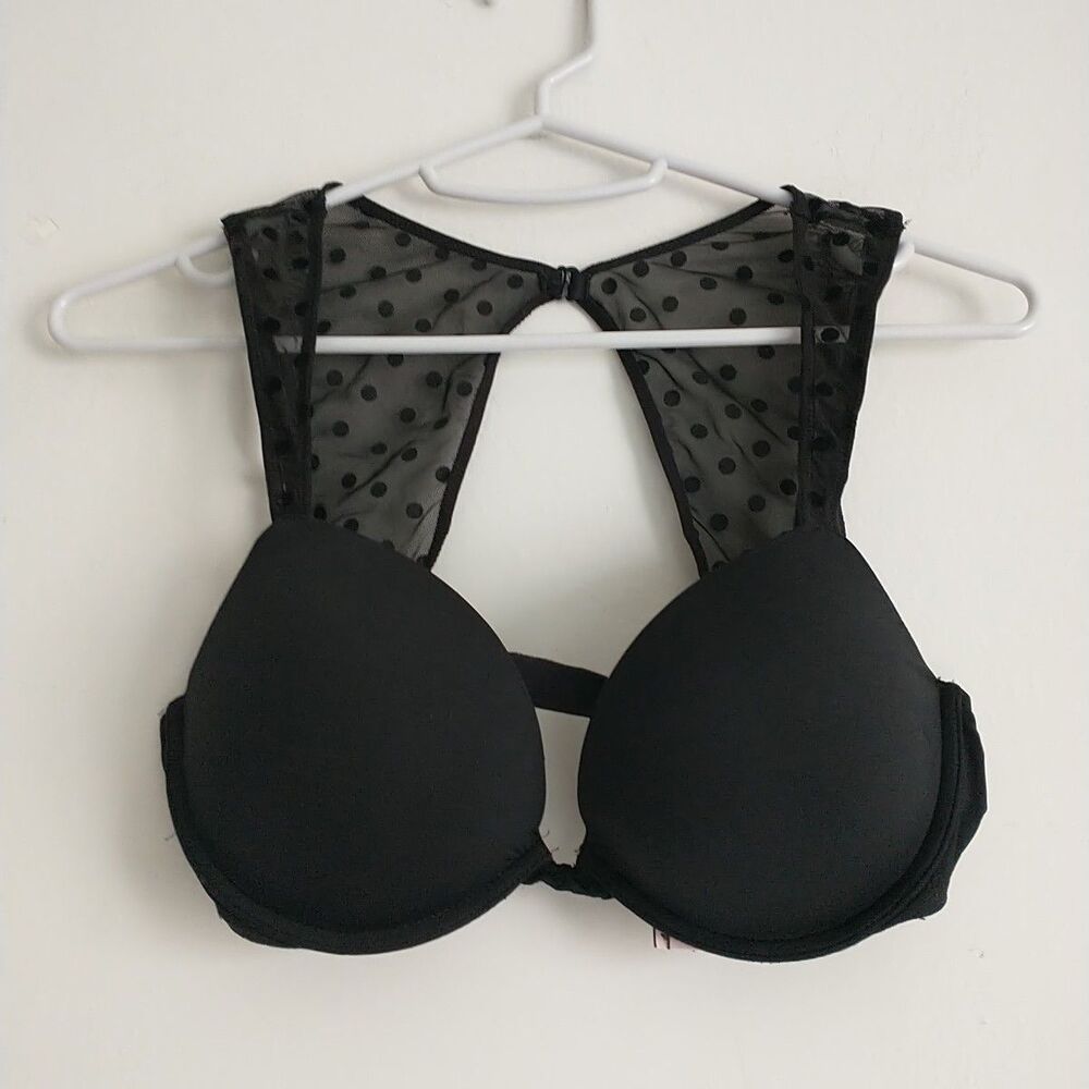 Victorias Secret Padded Plunge Bra 32D Black Underwire Mesh Swiss Dots Raceback